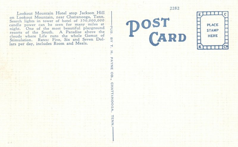 Vintage Postcard 1930's View of Lookout Mountain Hotel Chattanooga Tennessee TN