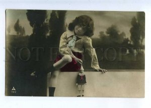 234047 FASHION Charming CHILD w/ DOLL Vintage PHOTO tinted PC