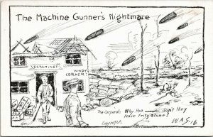 Postcard Comic World War I Machine Gunner's Nightmare German Shelling 1916 K43