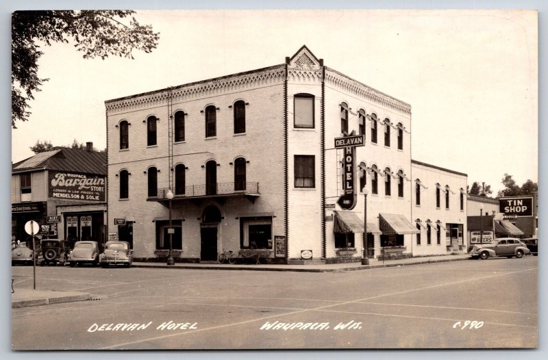 Waupaca WI Delavan Hotel w/Fire Escape~Mendelson & Solie Bargain Store~RPPC 1945