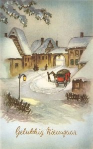 Horse carriage in snowy village Vintage Dutch Christmas postcard 1950s