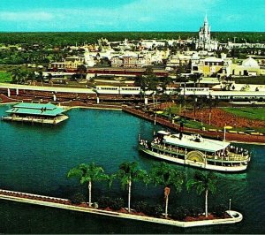 Vtg Chrome Postcard Walt Disney World 1970s Magic Kingdom Aerial Monorail Castle