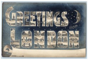 c1910's Greetings From London, Large Letters Crescent Moon RPPC Photo Postcard