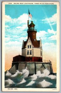 Postcard Racine WI c1929 Racine Reef Lighthouse Three Miles From Shore