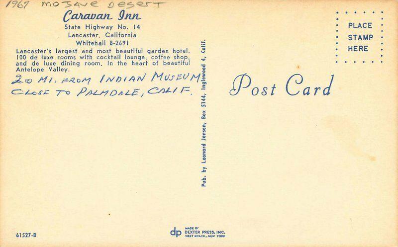 Caravan Inn Mojave Desert California Lancaster Postcard Jensen Dexter 3267 pool