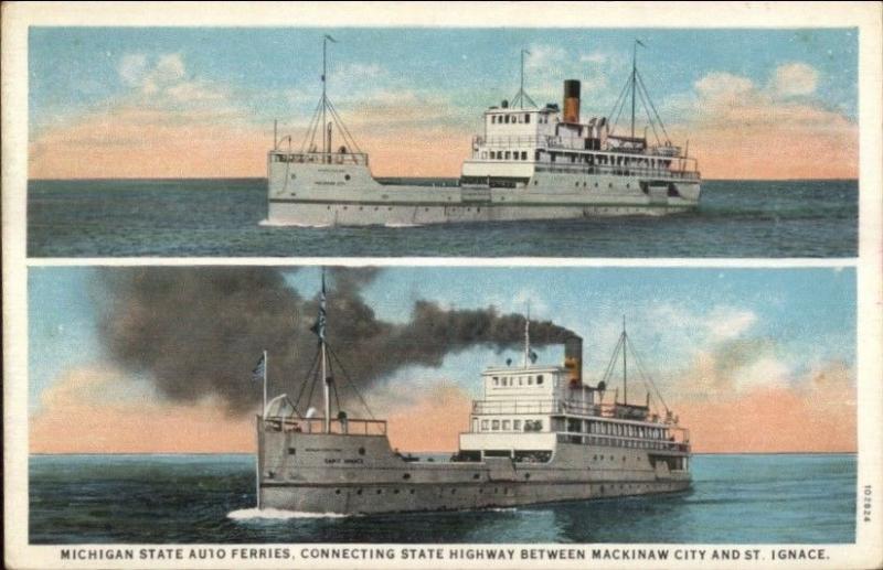 Great Laks Michigan Car Ferry Boats Mackinaw St. Ignace c1920 Postcard