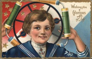 4th Fourth of July Little Boy w/ Fireworks Colorful & Embossed c1910 Postcard