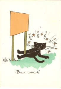 Black cat. Bien arrivé Humorous modern French, artist signed postcard
