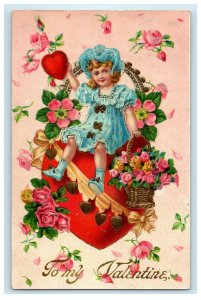 1911 Valentine Girl Gel Heart Gold Gilt Flowers Bouquet Germany Postcard 