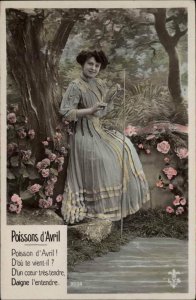 APRIL FOOL'S Pretty French Woman w Fish Tinted Real Photo RPPC c1920 PC