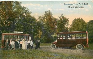 Postcard C-1915 Indiana Huntington Entrance T.H.A.T. Park Tour bus Teich 23-9020