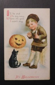 Mint USA Picture Postcard Halloween Child with Candle Black Cat Carved Pumpkin