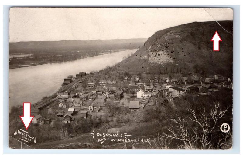 Postcard Aerial De Soto Wisconsin WI & Winneshiek Hill *2x corner bent* RPPC H15