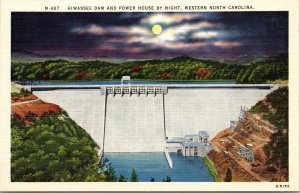 Hiwassee Dam Power House Night Moon Western North Carolina NC Linen Postcard 