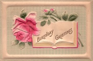 ​Vintage Postcard 1910's A Happy Birthday Greetings Open Book and Pink Rose