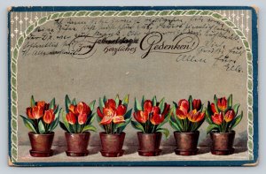 c1933 Red Flowering Plants in Pots Heartfelt Memories Vintage Postcard 1054