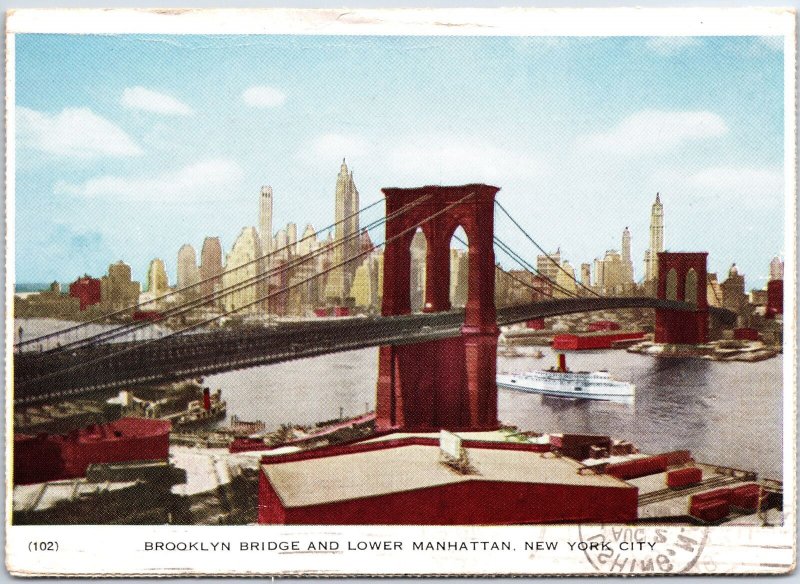 VINTAGE POSTCARD BROOKLYN BRIDGE & LOWER MANHATTAN ON FOLKARD (LETTERGRAM) 1948