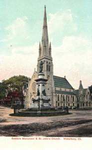 Waterbury Connecticut, Soldier's Monument, St. John's Church, Vintage Postcard