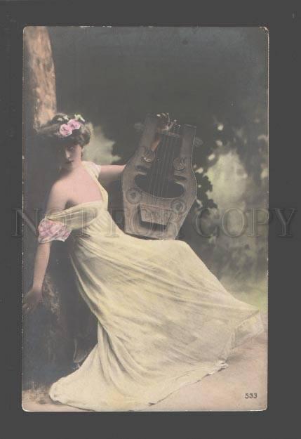 094490 Semi-Nude Woman FAIRY w/ Lyre HARP old PHOTO tinted