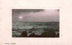 Vintage Postcard 1910's After Storm Disaster Big Ocean Waves Rocks Lightning