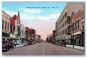 c1940 Washington Street Classic Cars Parked Establishments Green Bay WI Postcard 