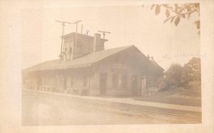 RPPC BAYARD NEBRASKA TRAIN DEPOT & SCHOOL REAL PHOTO POSTCARD (c. 1910)