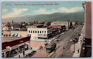 K45/ Missoula Montana Postcard c1910 Higgins Avenue Trolley Stores 42