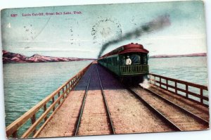 postcard Utah  train Lucin Cut-Off across Great Salt Lake