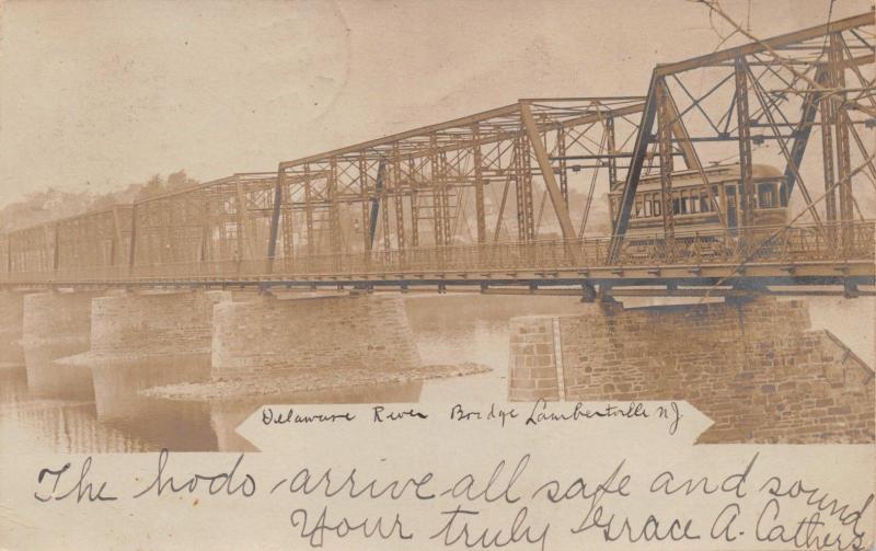 LAMBERTVILLE NEW JERSEY~DELAWARE RIVER BRIDGE-TROLLEY-REAL PHOTO POSTCARD 1905