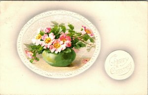 Vintage 1910's Pink Flowers in Vase Embossed Merry Christmas Postcard