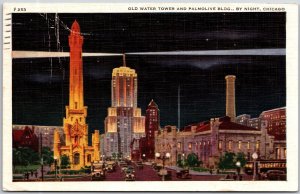 Chicago Illinois, 1938 Old Water Tower, Palmolive Building By Night, Postcard