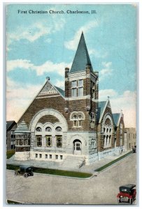 c1910's First Christian Church Classic Car Building Charleston Illinois Postcard