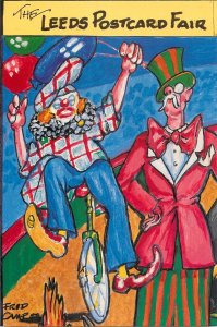 Circus clown poster by Fred Camp - The Leeds Postcard Fair advertising postcard