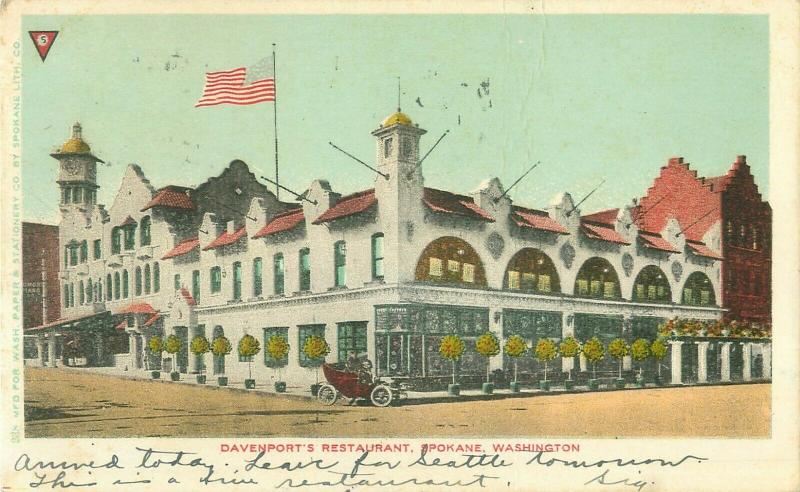 Davenport's Restaurant, Spokane Washington UDB 1907 Postcard, U S Flag, Old Car