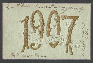 1907 PPC* VINTAGE HAPPY NEW YEAR EMBOSSED IN GOLD & GREEN