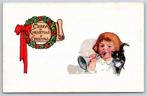 Holiday~Girl & Black Kitten Christmas Greeting~Vintage Postcard