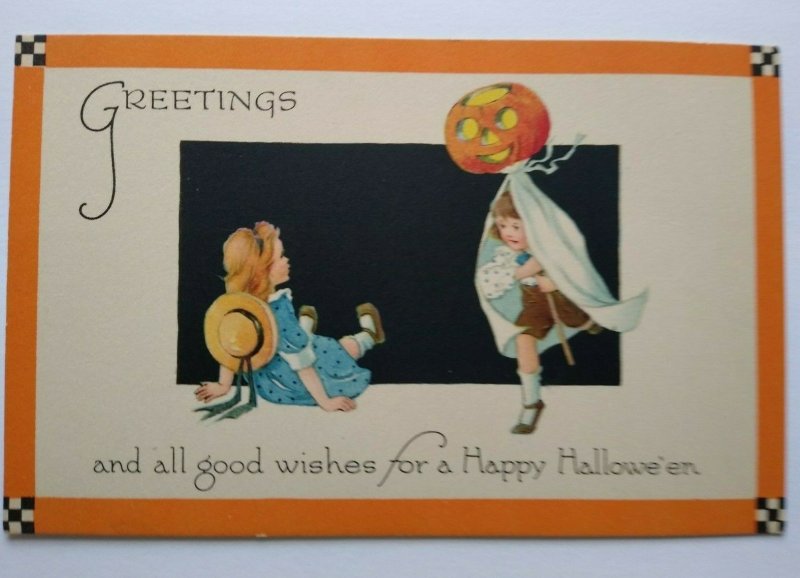 Vintage Halloween Postcard Gibson Checker Corners Unused Original Children Ghost