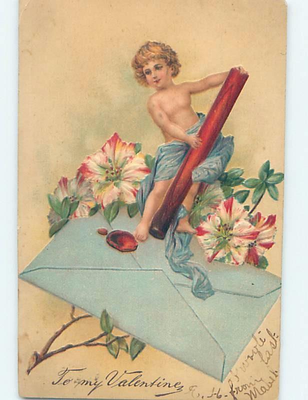 Pre-Linen CUPID FIGURE STANDING ON ENVELOPE WITH FLOWERS ho3804