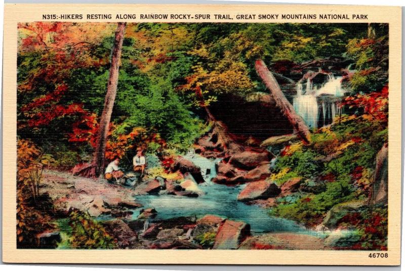 Hikers Resting Rainbow Rocky Spur Trail, Great Smoky Mountains Vtg Postcard Y02