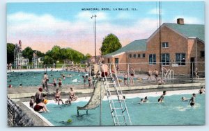 LA SALLE, IL Illinois ~ Municipal SWIMMING POOL c1940s  Kropp  Linen Postcard