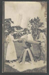 Ca 1917 RPPC* WWI Woman Being Shown A Cannon By Two Men Has Some Wear