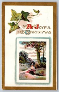 A Joyful Christmas, Mistletoe, Rural Scene, Antique Winsch Back Postcard