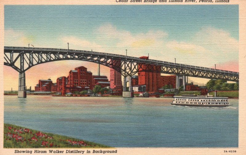 Vintage Postcard 1920's Cedar Street Steel Bridge & Illinois River Peoria ILL