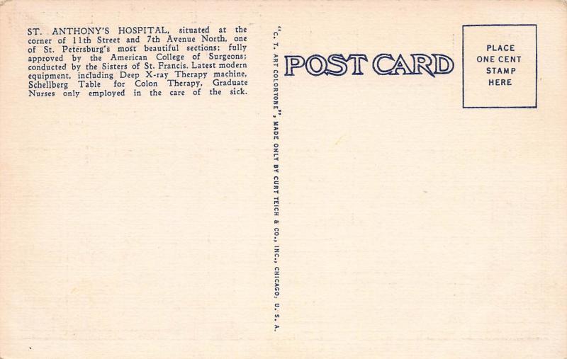 St. Anthony's Hospital, St. Petersburg, Florida, Early Linen Postcard, unused