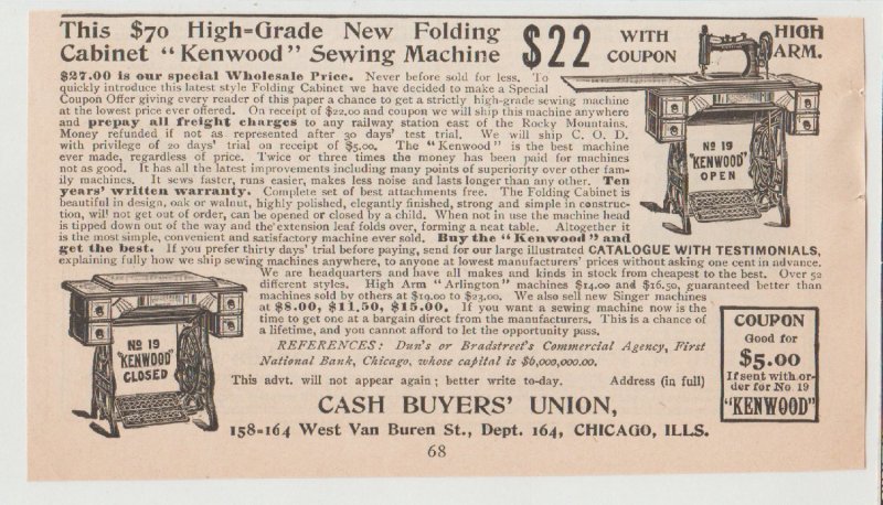 1896 Print Ad Kenwood Sewing Machine Folding Cabinet, Chicago