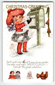 Christmas Postcard Girl Mailing Letters To Santa Claus US Mail Box Whitney 1921