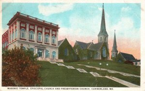 Vintage Postcard 1924 Masonic Temple & Presbyterian Ep. Church Cumberland MD