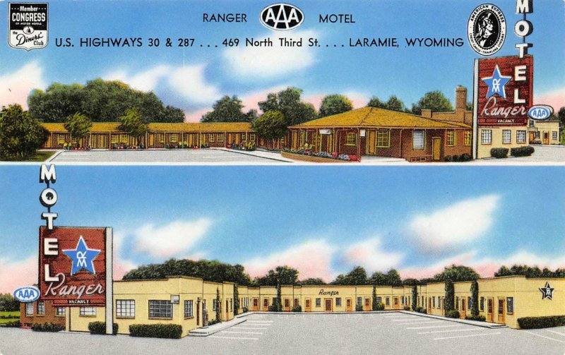 RANGER MOTEL Lincoln Highway Roadside Wyoming LARAMIE WY Postcard ca 1950s