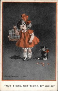 Fred Spurgin Cat Eats Little Girl's Bird English Kids Series c1910 Postcard