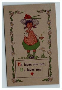 Vintage 1920's Valentines Postcard Homely Girl Large Hat Picking Flowers